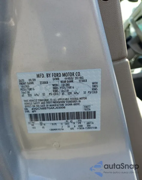 2010 Mercury Mariner из США, поврежденный, VIN 4M2CN8B70AKJ03006